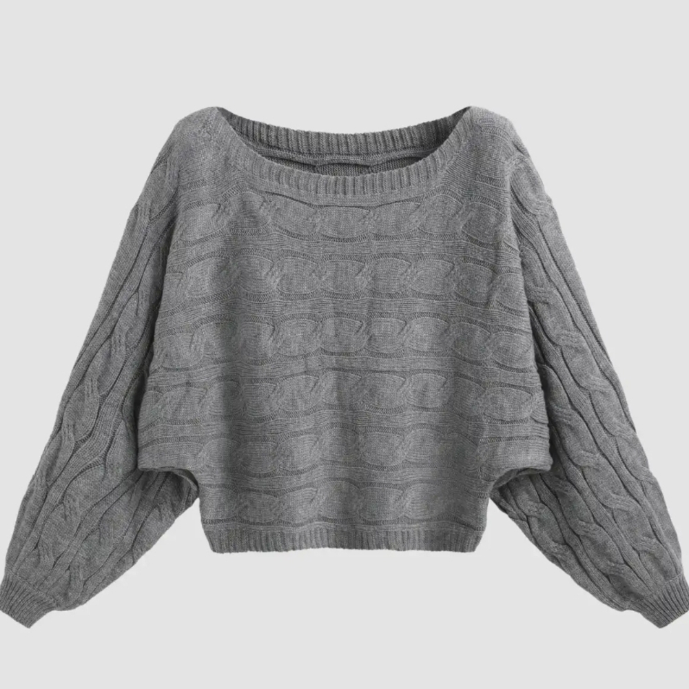 Cider Gray Off-the-Shoulder Cable Knit Sweater